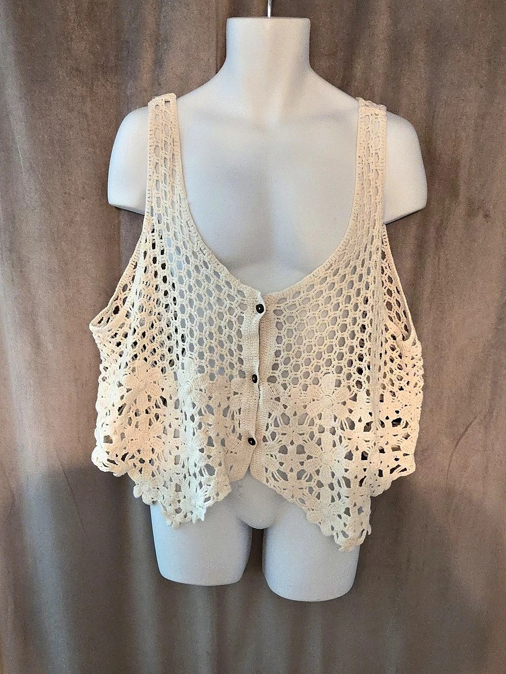 Warehouse One Crochet Button Front Tank Top Cream 3X/4X